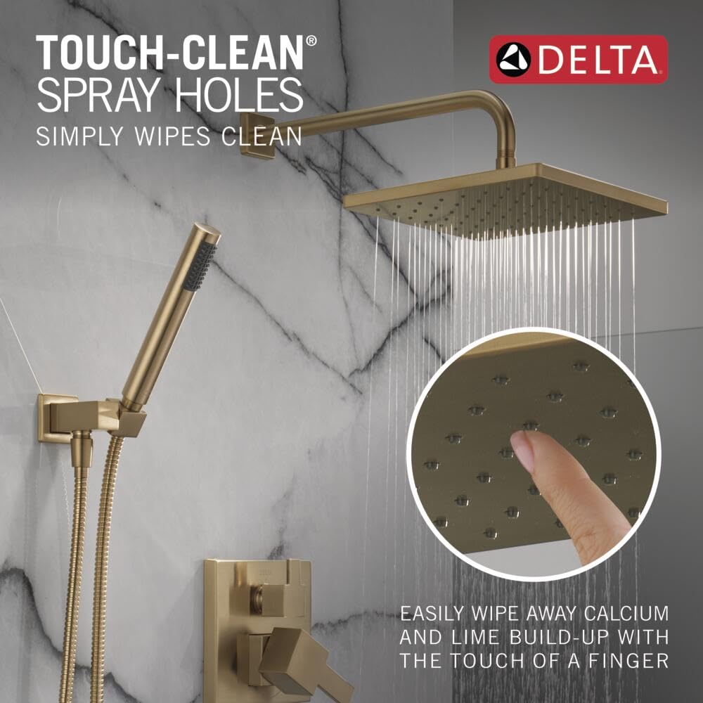 Delta Modern 14 Series Square Rain Shower System Faucet Set, Rainfall Brushed Gold Shower Head and Handle Set, Valve Trim Kit, 10 Inch, Champagne Bronze 342701-CZ