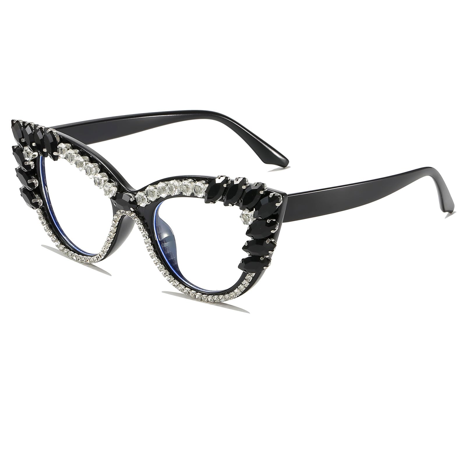 LJCZKA Cat Eye Blue Light Glasses for Women Diamond Computer Glasses Clear Lens with Rhinestone Anti Eyestrain Headache