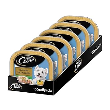 Cesar Premium Adult Wet Dog Food, White Meat Fish & Vegetables, 6 Trays (6x100g)