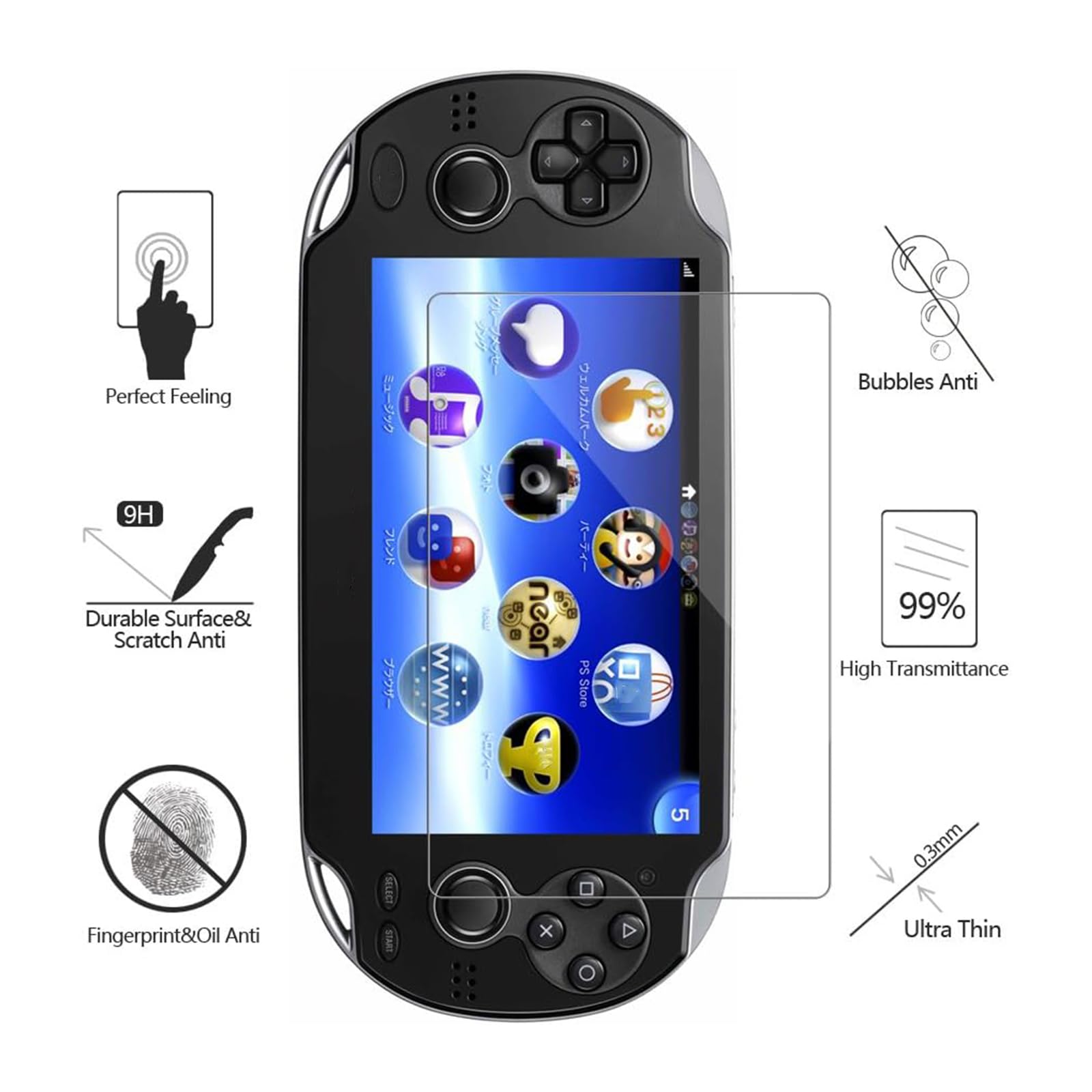 AKWOX 2 Front+2 Back Covers Screen Protectors Compatible with Sony PlayStation Vita 1000, (4-Pack) 9H Tempered Glass Front Screen Protector and HD Clear PET Back Screen Protective Film