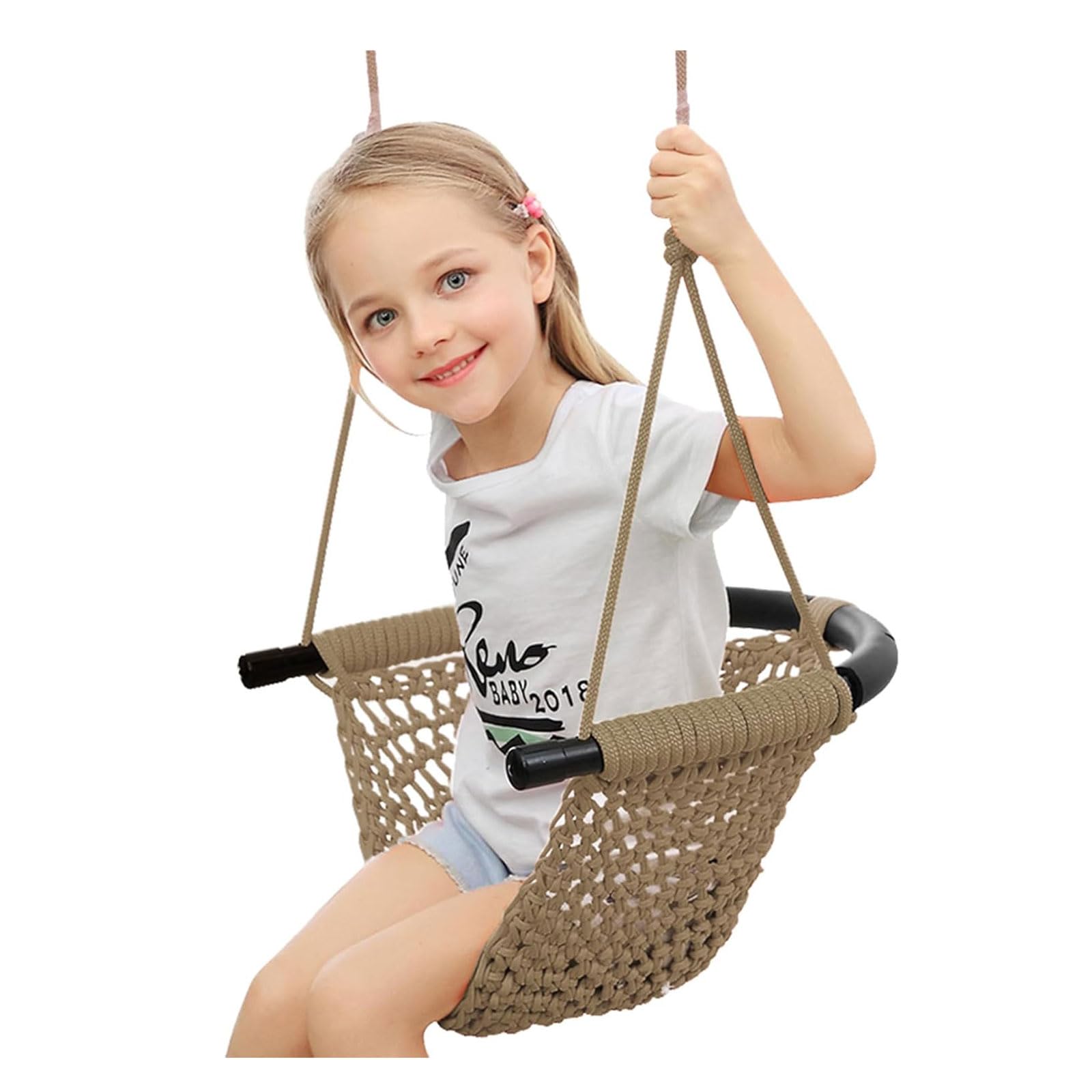 Swing Seat For Kids，Little Swing Set，Hand-Knitting Toddler Swing With Adjustable Ropes, Rope Play Swing Set For Tree, Outdoor Indoor, Playgroun (khaki)