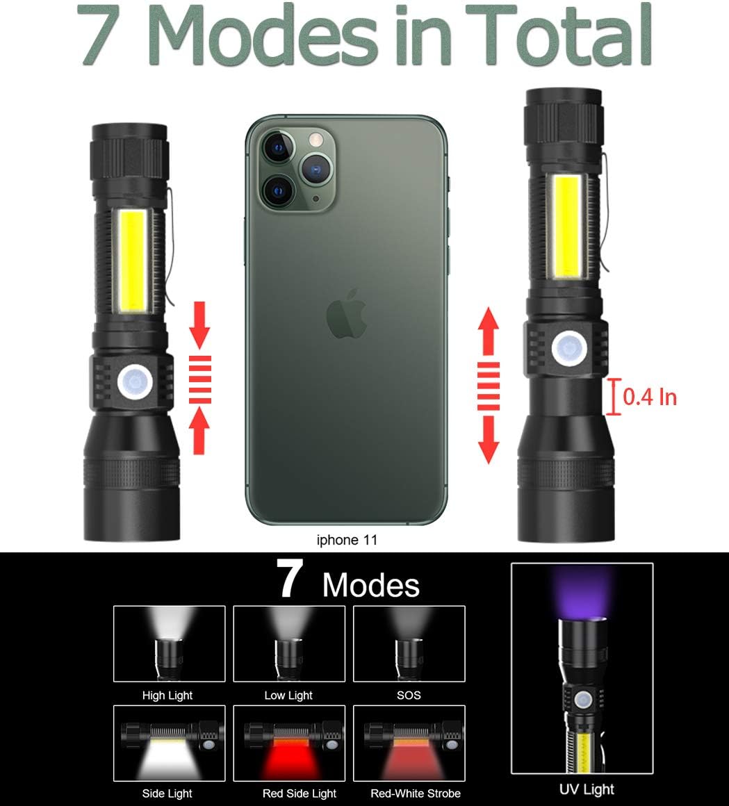 USB Rechargeable UV Flashlight, Zoomable Waterproof Tactical LED Torch, 2 in 1 UV Black Light with 1000 Lumens&7 Modes for Camping Biking Hiking Outdoor Family Emergency - - 