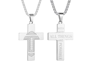 HattiDoris Football Cross Necklace - Boys Inspirational Bible Verse Pendant, Stainless Steel Chain, 22+2 inch Sports Jewelry Gift for Men & Women