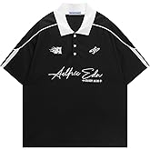 Aelfric Eden Mens Vintage Letter Polo Tee Oversized Button Collar Graphic Patchwork T Shirt Short Sleeve Summer Tops