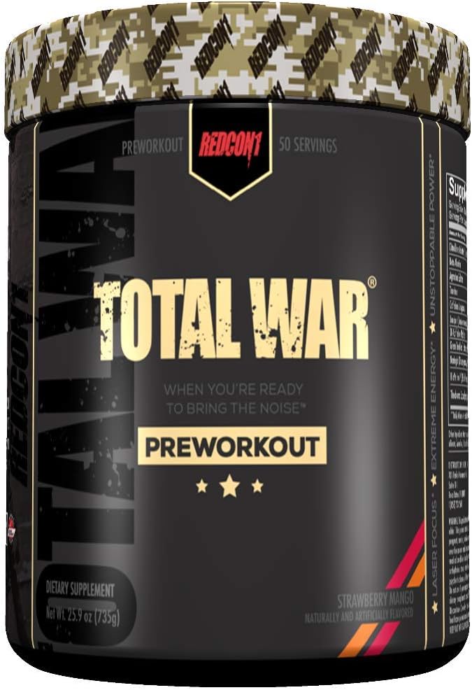 Redcon1 Total War - Pre Workout Powder, 50 Servings, Boost Energy, Increase Endurance and Focus, Beta-Alanine, 350mg Caffeine, Citrulline Malate, Nitric Oxide Booster - Keto Friendly (Blue Raspberry): Health & Personal Care
