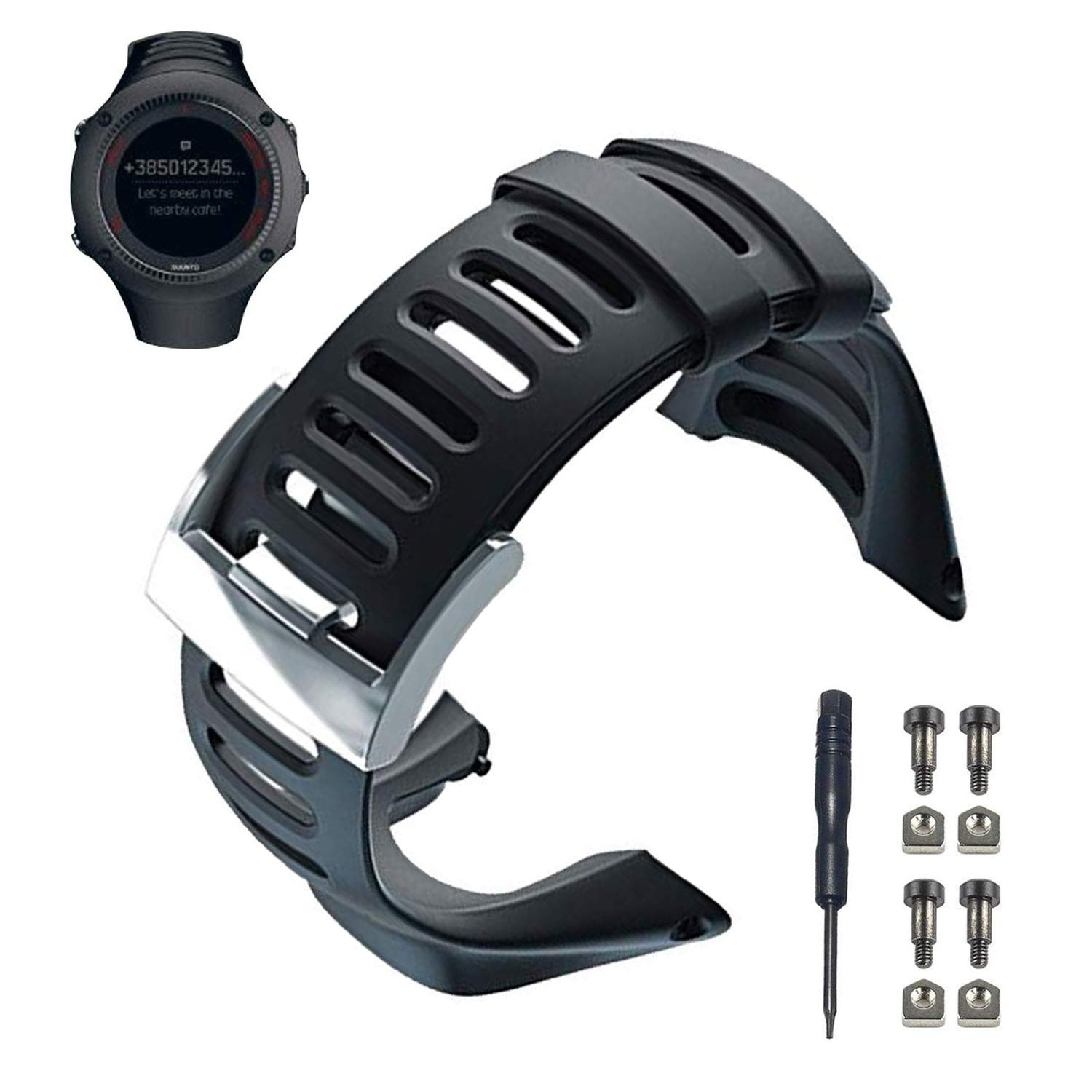 JTMM Suunto Ambit Watch Band Strap, Soft Black Rubber Replacement Watch Band Strap Watch Accessory For Suunto Ambit 1/2/2S/2R/3 Sport/3 Run/3 PEAK, Silver Clasp, Free Tool and Screws Included