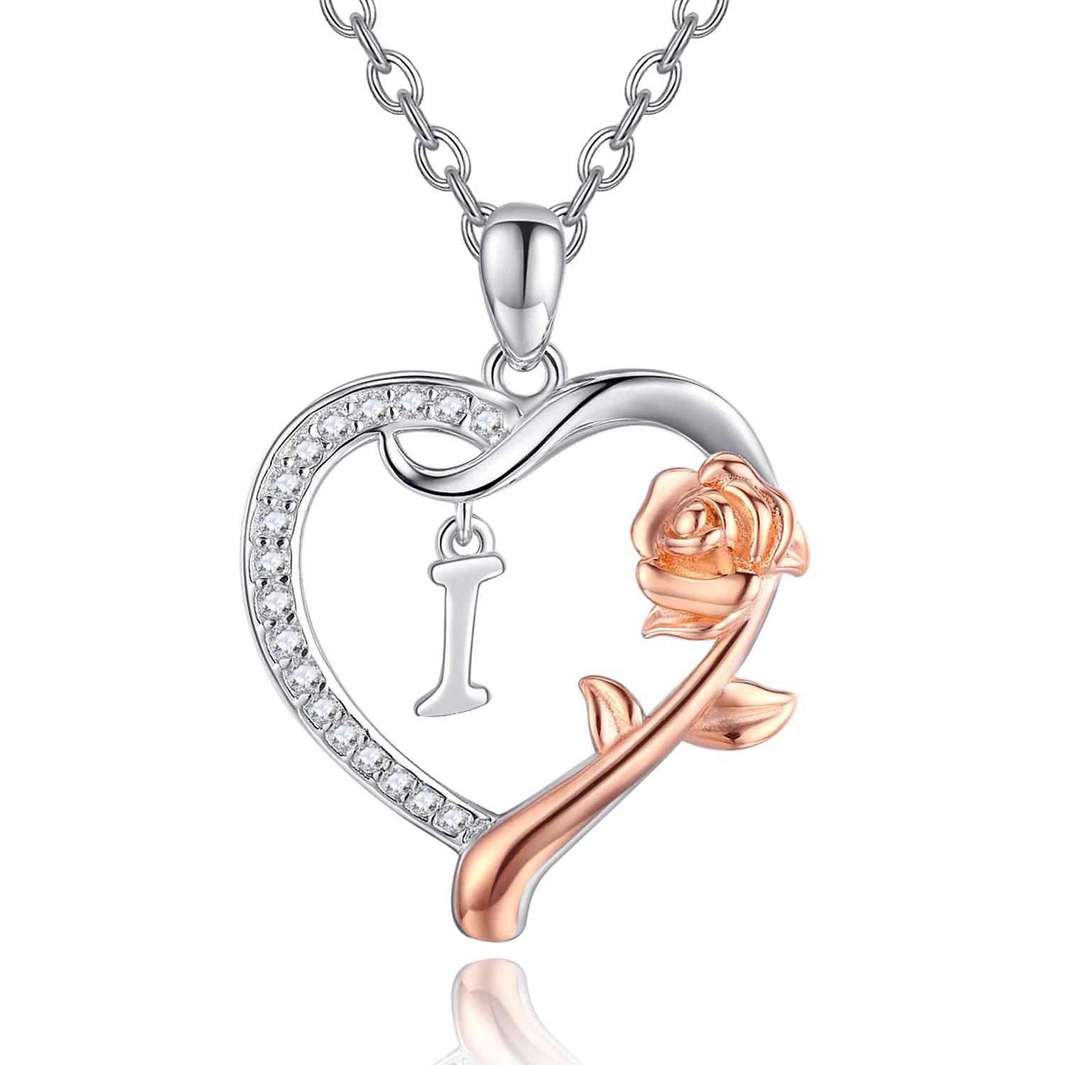 Initial Necklace Sterling Silver Alphabet Roseflower Heart Letter Pendant Necklaces Personalised Jewellery Letter Necklaces Gift for Women Girls (I) — image 1