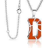 LYNNON Basketball Initial Necklace for Men A-Z Letter Stainless Steel Charm Pandant 20+2 Inches Chain, Basketball Gifts for Youth Coach Players