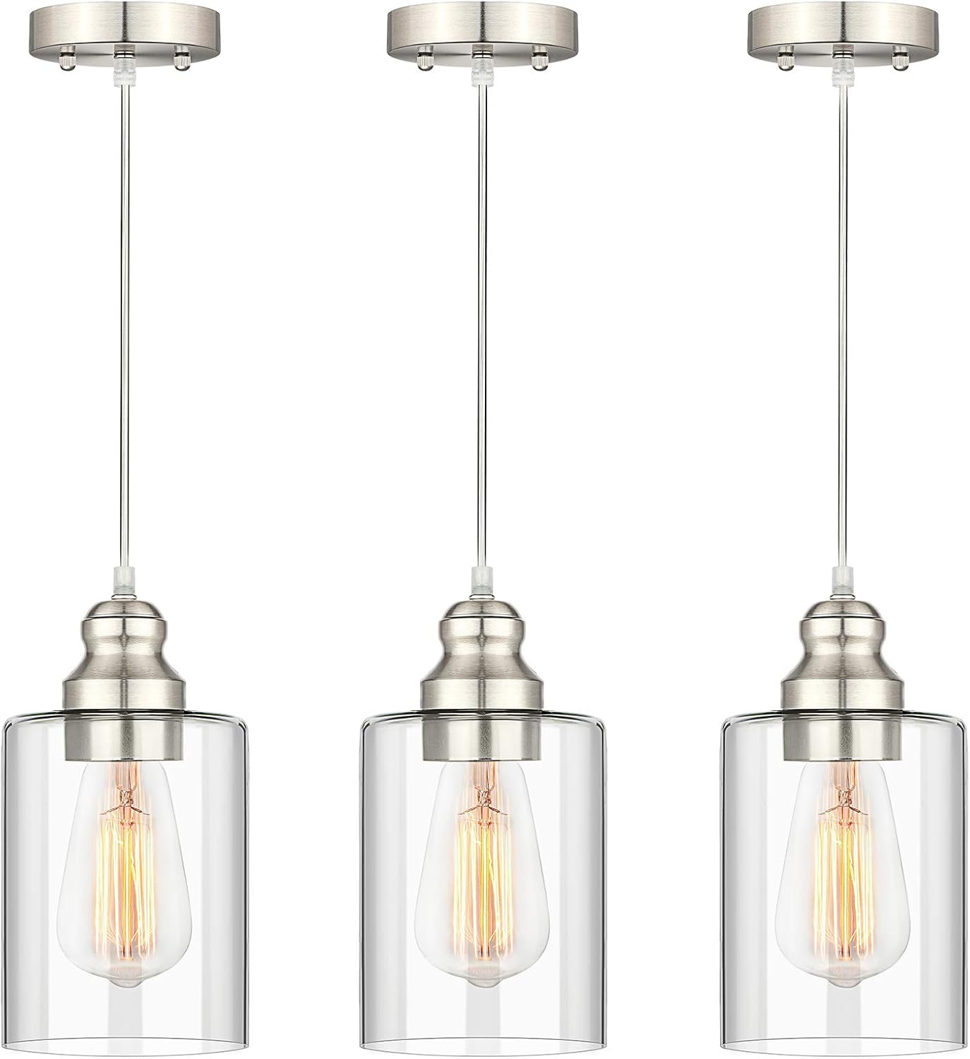 Industrial Pendant Lighting, Adjustable Hanging Light Fixtures, Clear Glass Shade Pendant Light, Vintage Farmhouse Mini Hanging Ceiling Lamp for Kitchen Living Room Bedroom Hallway, E26 Base, 3-Pack - - 