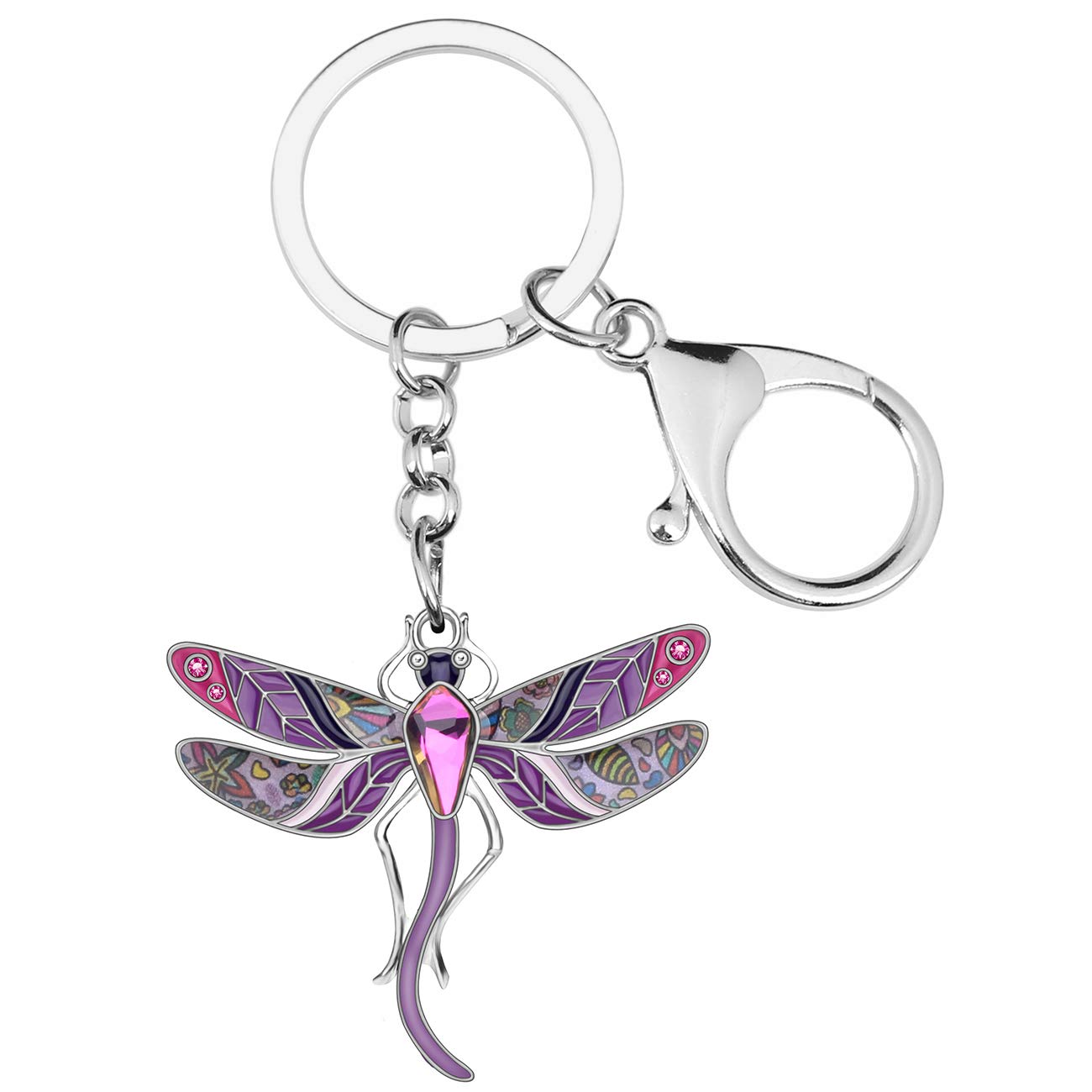 BONSNY Enamel Alloy Rhinestone Floral Dragonfly Keychains Key Car Purse Bags Charms Nature Design (Purple)