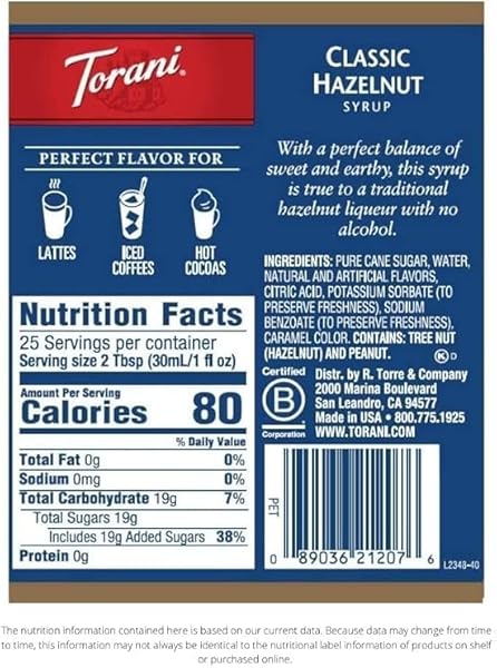 TORANI SYRUP, CLASSIC HAZELNUT, 25.4-OUNCE BOTTLES (PACK OF 3)