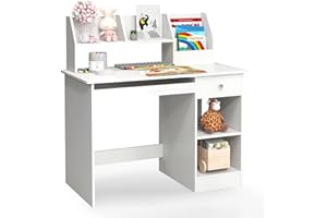 Giantex Kids Study Desk, Children Wooden Computer Desk with Hutch, Bookshelf, Keyboard Tray, Drawer, Storage Shelves, Student