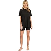 Live2Lounge Women’s 2 Piece Lounge Set with Oversized T-Shirt & Biker Shorts, Sleepwear & Loungewear, Stretch Fabric Pajama