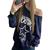 AQMR Women's Vintage Graphic Sweatshirts Long Sleeve Lazy off Shoulder Tops stars print Hoddie Crew Neck Fashion Streetwear