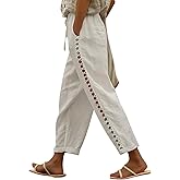 Puimentiua Women's Linen Capri Pants with Drawstring Petite Summer Beachwear Lightweight Elastic Waist Pants