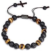 HASKARE Triple Protection Crystal Bracelets for Men, Premium Tiger Eye Bracelet Lava Healing Bracelet Fathers Day Gift, Handmade Cross Stress Relief Beads Bracelets Mens Jewelry Gift for Dad Grandpa