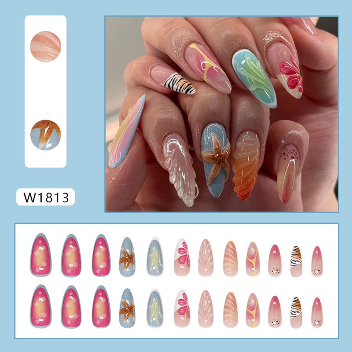 Summer Press on Nails Medium Almond Fake Nails 3D Mermaid False Nails Vacation Nails Press ons with Floral Starfish Designs Reusable Acrylic Nails Full Cover Stick on Nails for Women Manicure 24Pcs - Image 2
