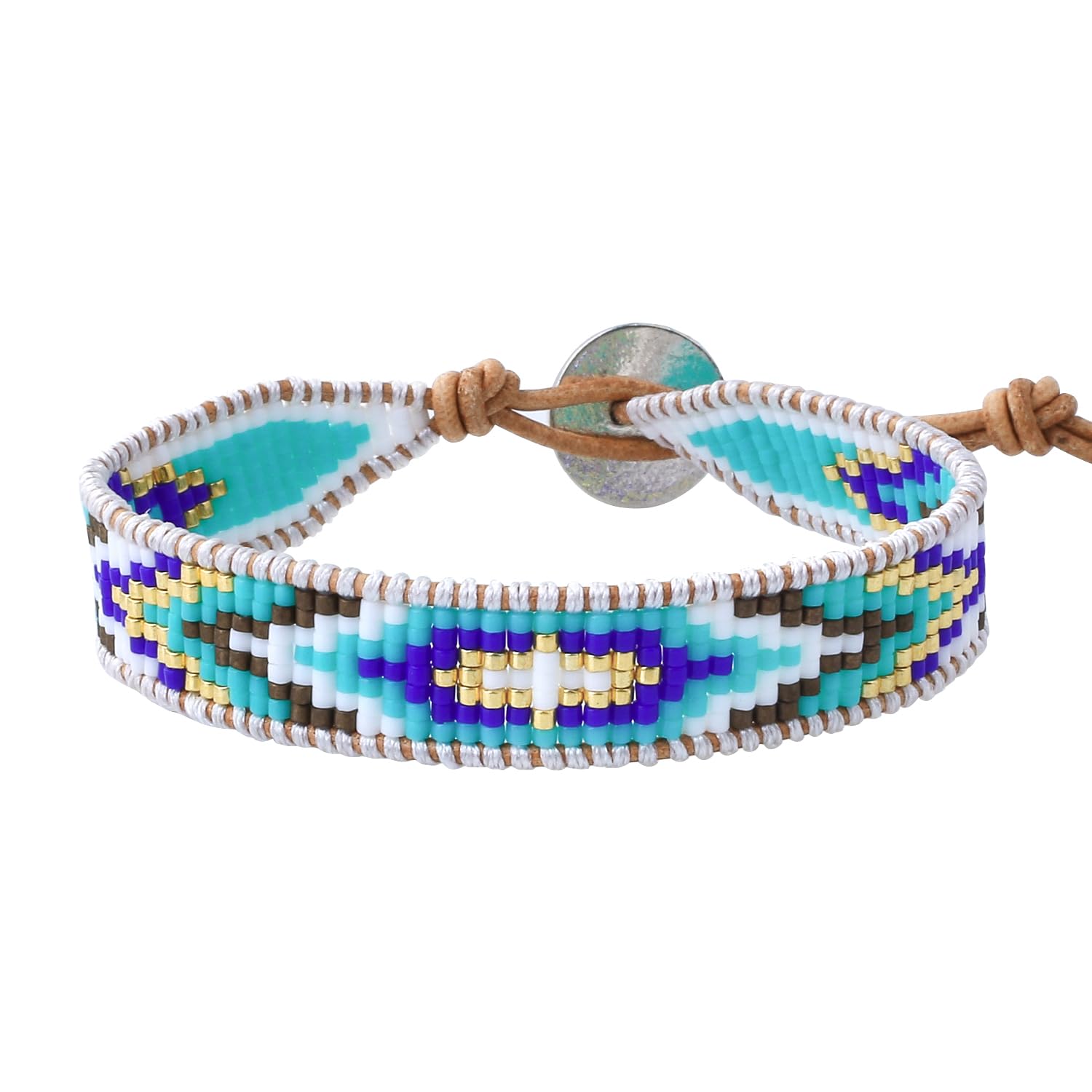 KELITCH Bracelets of Sports-Fan Rope Bracelets Leather Friendship Women Bohemia Blue Rhombus Pattern Seed Bead Hand-Crafted Braided Bracelet