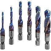 Bestgle 6 Pcs HSS Tap Drill Bit Set Combination Drill and Tap Bits Metric M3 M4 M5 M6 M8 M10 Blue Plating Coating Twist Drill