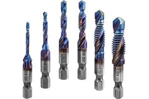 Bestgle 6 Pcs HSS Tap Drill Bit Set Combination Drill and Tap Bits Metric M3 M4 M5 M6 M8 M10 Blue Plating Coating Twist Drill