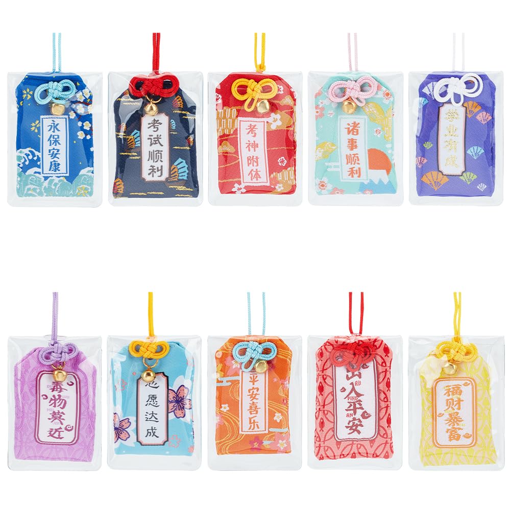 WEBEEDY 10 Styles Japanese Omamori Amulet Good Luck Hanging Sachet Handmade Traditional Japanese Charms Luck Pendant for Study Love Success Traffic Safety Wealth(Assorted Color)