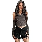 Women’s Ripped Hoodie Sweater Vest Hollow Out Hooded Crop Top Knit Pullover Streetwear with Oversleeve