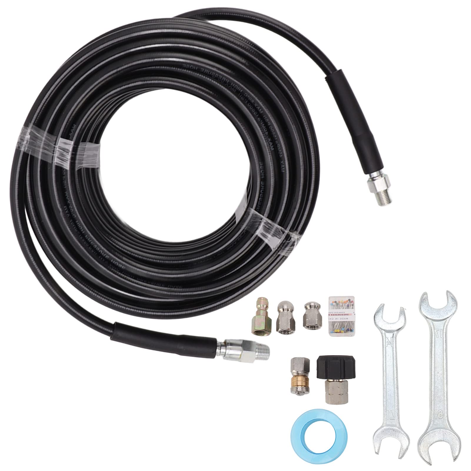 Sewer Jetter Kit for Pressure Washer 49FT, 5800PSI Drain Cleaner Hose 1/4 Inch Quick Connect, Rotating and Side Hole Hose Sewer Jetting Nozzle, Waterproof Tape, 2 Spanner