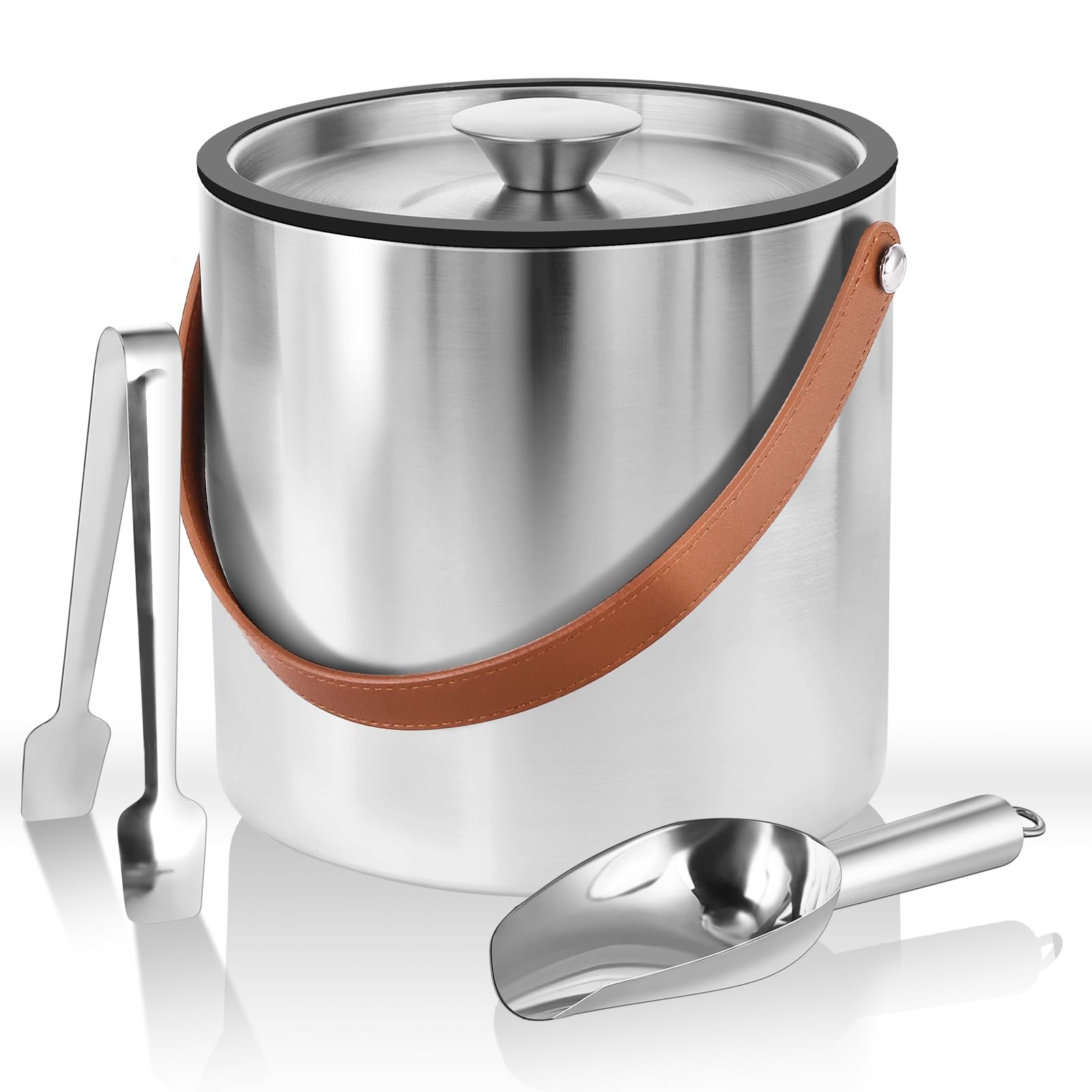 Photo 1 of Bakpoco Double-Wall Vacuum Insulated Ice Bucket with Lid, Scoop, Ice Tong, Strainer & Leather Handle Keep Ice Frozen Longer Large Wine Ice Buckets for Cocktail Bar,Parties Chilling Beer Champagne 3L