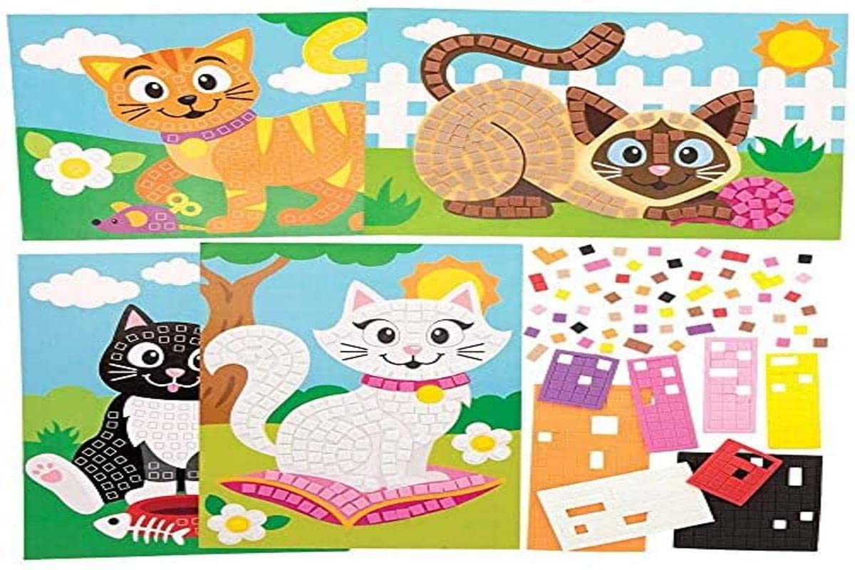 Baker Ross FE398 Cat Mosaic Picture Kits - Pack of 4, Mosaic Tiles Arts and Crafts, Mosaic Kits for Children, Creative Activities for Kids