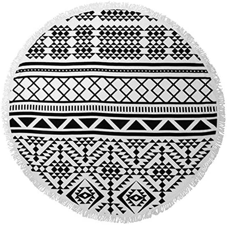 Tassel Microfiber Mandala Blanket Round Design, Picnic Blanket, Beach Blanket/Mat, Carpet, Table Cloth, Wall Tapestry, Diameter 60inch (Black geometry)
