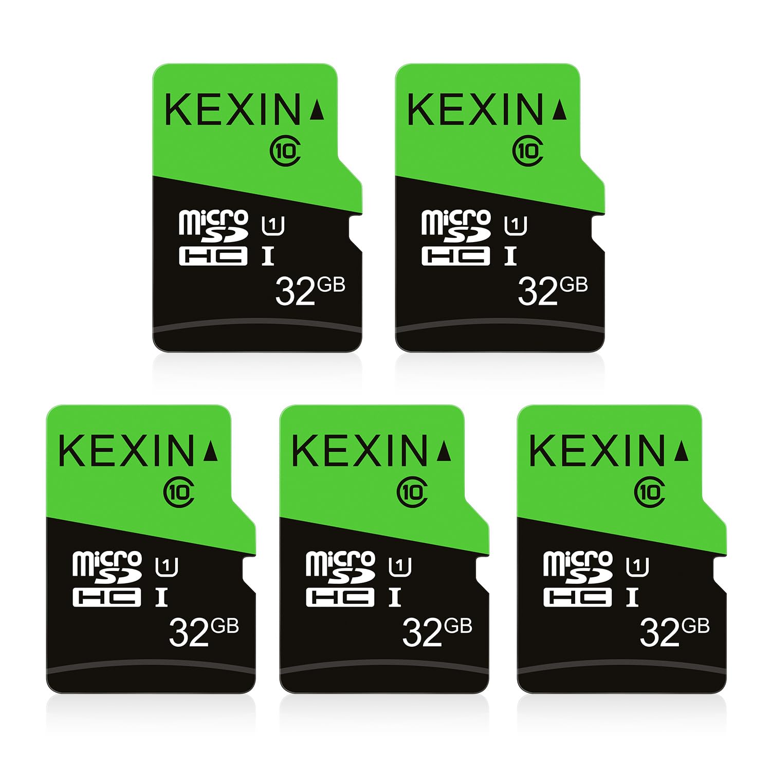 KEXIN 32GB Micro SD Card 5 PCs MicroSDHC Card UHS-1 Up to 80MB/s Read Class 10 C10 U1 Micro SD Memory Card TF Card for Camera, Smartphones, Security System, Drone, Dash Cam, Tablet (Black Green)