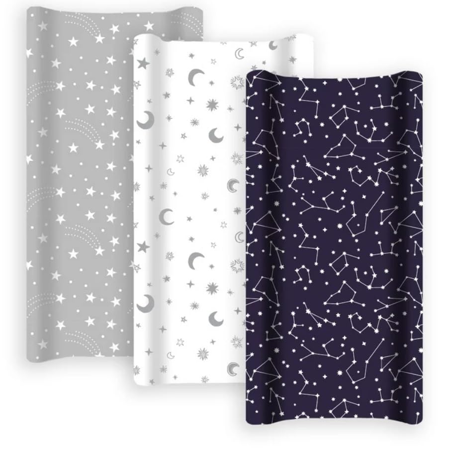 GROW WILD Changing Pad Cover 3 Pack | Soft & Stretchy Jersey Cotton | Baby Changing Table Pad Cover | Diaper Changing Pad Covers for Girls and Boys (Stars, Moon & Constellation)