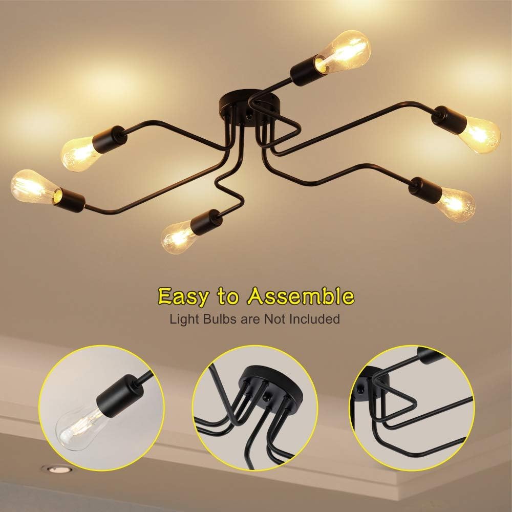 ZEEFO Flush Mount Ceiling Light Modern Art Vintage Sputnik Design Chandelier Metal Black Industrial Lighting Fixtures with 6 Lights E26 Bulb Base Suitable for Kitchen, Dining Room, Bedroom - - 