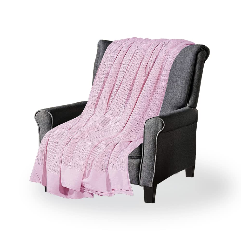 A ATH COLLECTION 100% Pure Organic Cotton Cellular Blanket Thermal Breathable Travel Blanket Extra Soft Warm Lightweight for Adults (Double 230 x 230 CM, Pink)