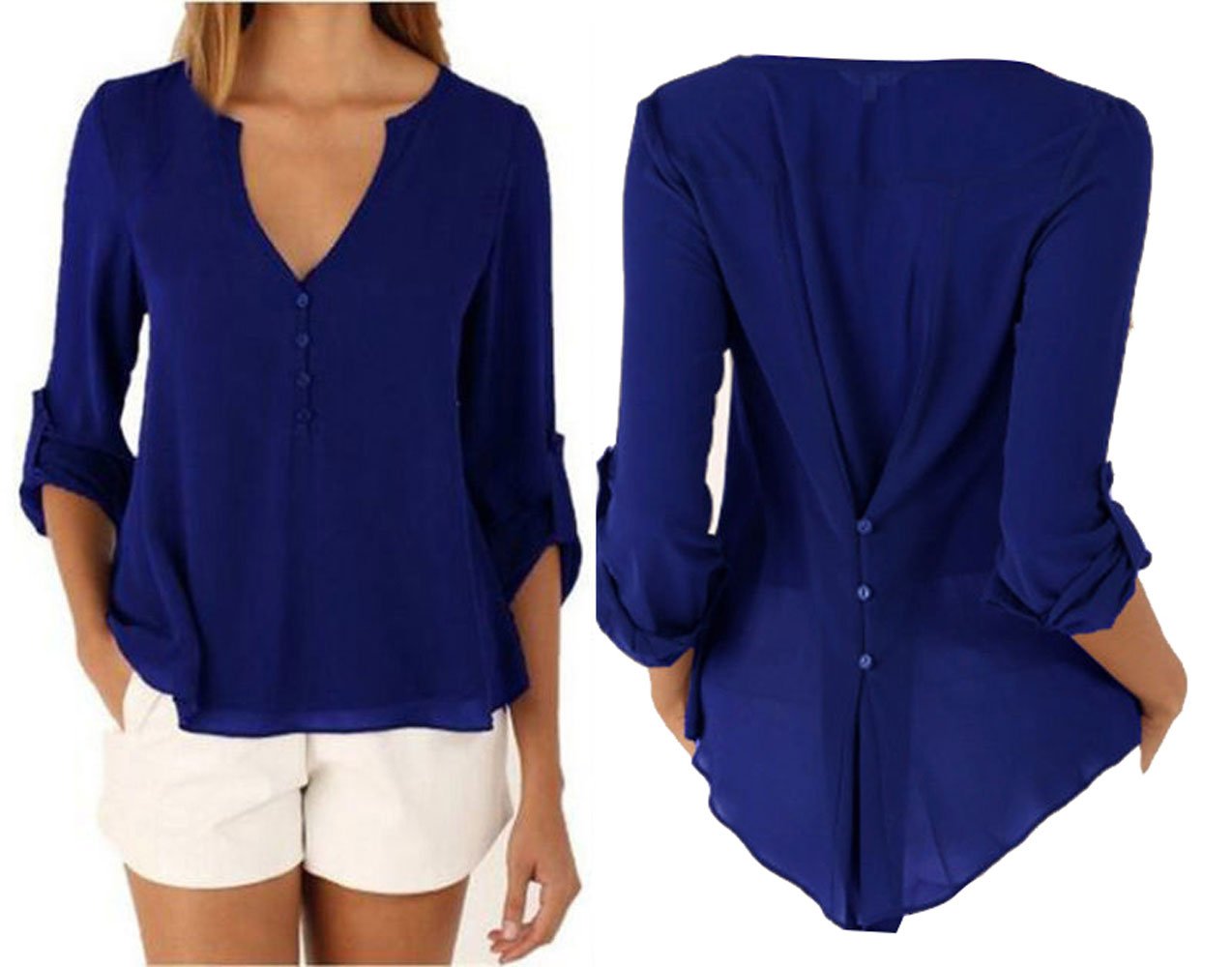 Pevor Women Casual Deep V-Neck Cuffed Sleeves Solid Chiffon Blouse Shirt Top, XL,Blue