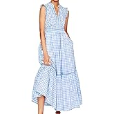 HOULENGS Women's Summer Casual Sleeveless Gingham Maxi Dress 2026 V Neck Ruffle Flowy A Line Tiered Long Sundress