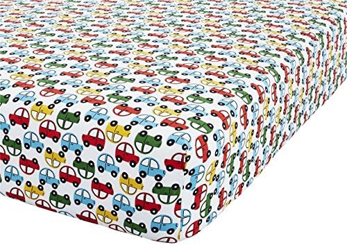 CARTOON CARS RED BLUE GREEN WHITE USA TWIN (90CM X 190CM + 25CM - UK SINGLE) COTTON BLEND FITTED SHEET