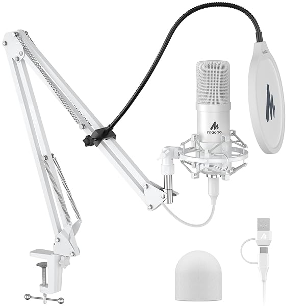 MAONO USB MICROPHONE, 192KHZ/24BIT PLUG & PLAY PC COMPUTER PODCAST CONDENSER CARDIOID METAL MIC KIT WITH PROFESSIONAL SOUND CHIPSET FOR RECORDING, GAMING, SINGING, YOUTUBE, AU-A04 WHITE