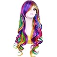 BERON Rainbow Wig Long Curly Wig with Bangs for Women Colorful Wigs Long Wavy Rainbow Multi Colorful Wig with Wig Cap