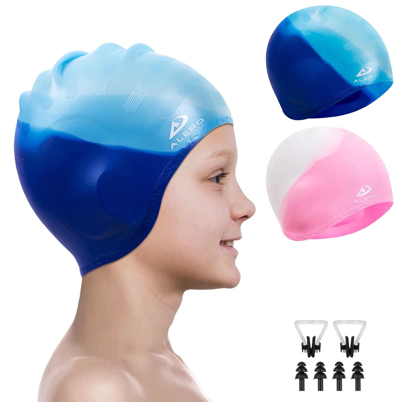 Alepo 2 Pack Kids Swimming Cap Boys Girls, Durable Silicone Swimming Hat with 3D Ear Pockets for Age 3-15 Toddler Child Youth Teen, Bath Swim Cap for Short/Long Hair with Ear Plugs Nose Clip-Blue โ image 1