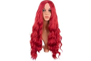 MapofBeauty 28 Inch/70 cm Long Wavy Middle Part with No Bangs Synthetic Fiber Curly Fashion Women Party Cosplay Wig (Bright Red)