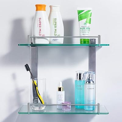 HOMEIDEAS Bathroom Tempered Glass Shelf – 2-Tier Wall Mounted