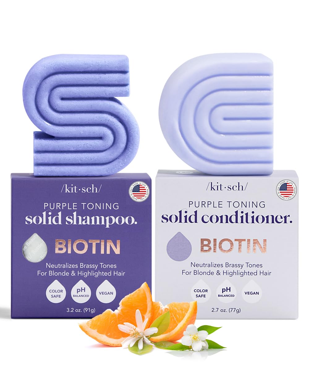 Kitsch Toning Purple Shampoo & Conditioner Bar Set For Blondes & Color Treated Hair - With Biotin for Strengthening & Neutralizing Brassy Tones - Vegan, Silicone & Sulfate Free - Made in USA