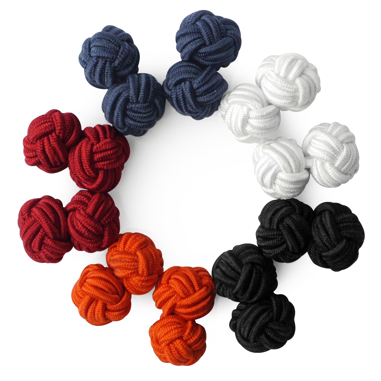 HONEY BEAR 5 Pairs Mens/Women Silk Fabric Knot Twisted Cufflinks Set, for Shirt/Dress Business Wedding,Round Shape with Box (Orange Black Red with box)