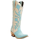 Lane Womens Jolene Floral Tooled Inlay Snip Toe Casual Boots Over the Knee Mid Heel 2-3" - Blue, Off White