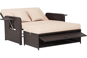 Tangkula Patio Rattan Daybed with 4-Level Adjustable Backrest, Outdoor PE Wicker Loveseat with Storage Ottoman & Folding Side Tray, Double Sunbed Lounger for Balcony, Backyard & Poolside