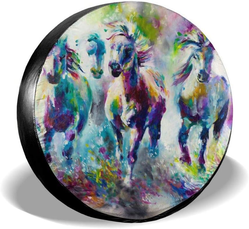 PecoStar Abstract Colorful Watercolor Running Horse Spare Wheel Tire Cover Fit For Truck Camper Van Jeep Trailer RV SUV Trailer Accessories (14 15 16 17 Inch)