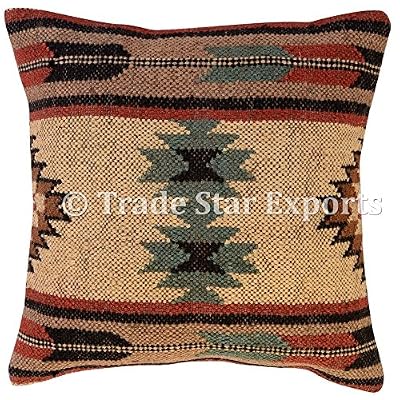 18x18 Handmade Indian Jute & Wool Kilim Cushion Cover – Vintage Boho Throw Pillow