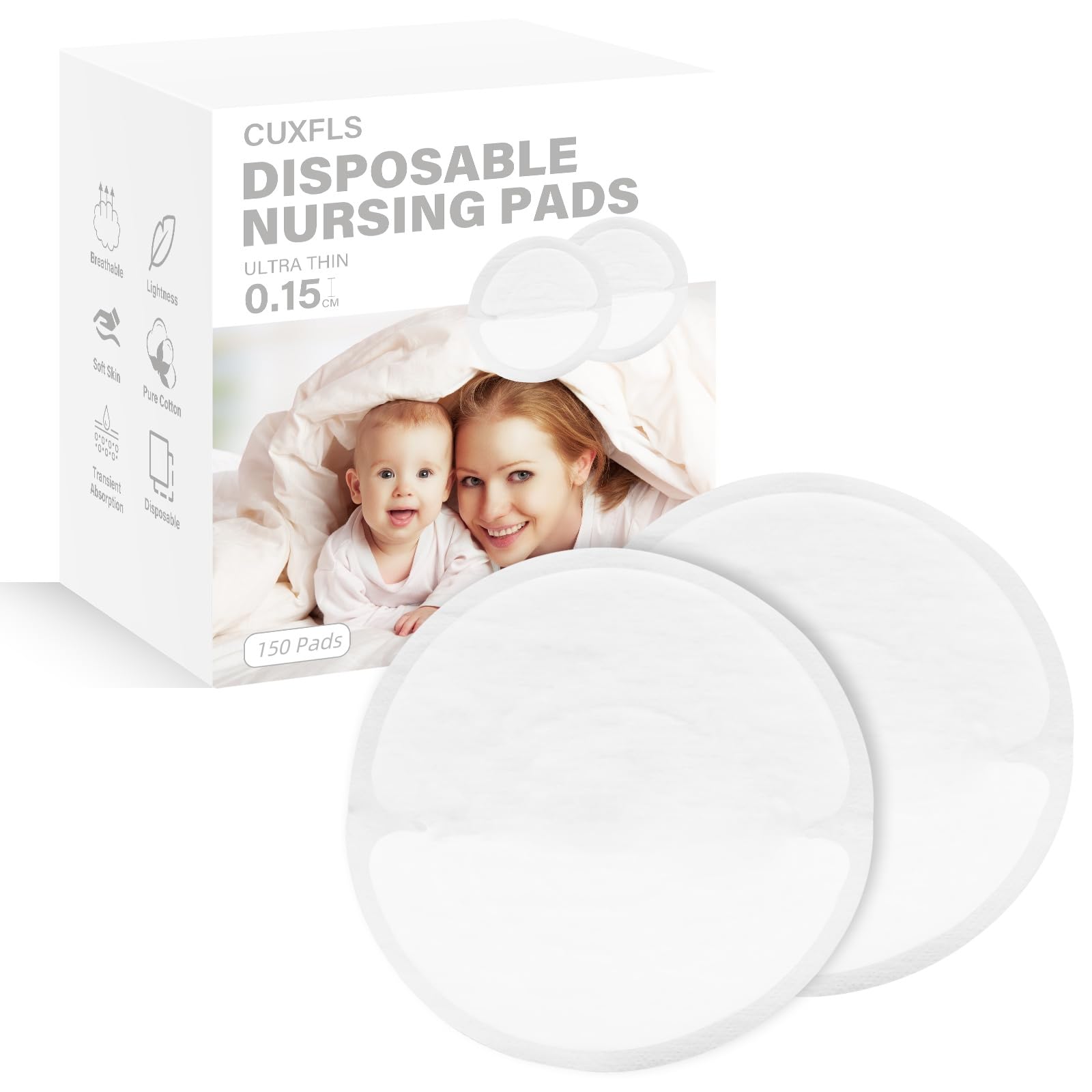 Disposable Nursing Pads, Ultra-Thin Absorbent Water Breast Pad Safe and Dry 150 Count Breastfeeding Breathable Portable for Mothers, Soft and Comfortable Leak Proof Design