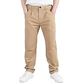 CAMLAKEE Boys' Pleated Dress Pants Kids Elastic Waist Twill Straight Leg School Uniform Pants